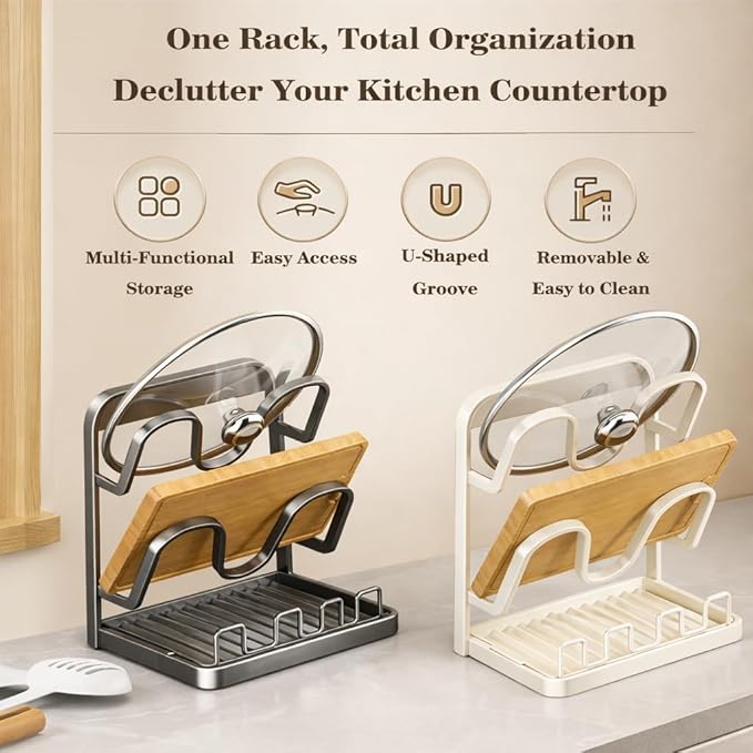 NUOREEL Kitchen Pot Lid Organizer, Extra-Wide Kitchen Pot Lid Storage Rack for Bigger Lids, Heavy-Duty Carbon Steel Frame with Reinforced ABS Base, Fits 30–32cm Lid (Gray)