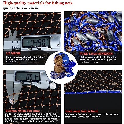 Drasry Saltwater Fishing Cast Net for Bait 3/8 1/4 or 1/2 with Heavy Sinkers Fish Trap Throw Net. Size 3ft/4ft/5ft/6ft/7ft/8ft/9ft/10ft Radius Freshwater Nets - size: 5FT (150cm) Radius, style: Lead Sinkers-0.5 in Mesh-tire Lines