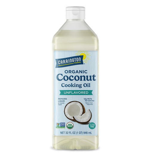 Carrington Farms Organic Liquid Coconut Cooking Oil, 32 Fl Oz –Unflavored, Unscented, High Smoke Point, MCT-Rich, No Trans Fat – For Cooking, Sautéing, Frying & Baking – Gluten Free, Non-GMO, Hexane Free, BPA Free Bottle