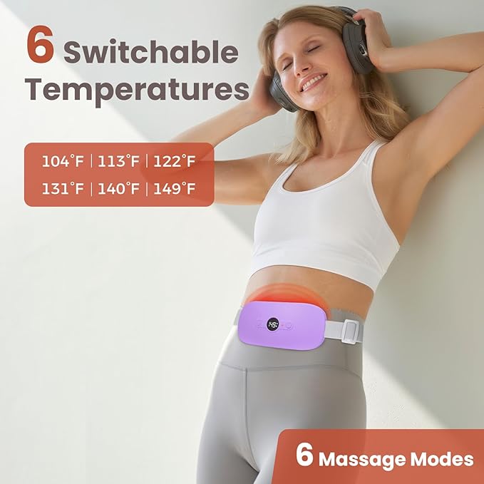 NOWWISH Heating Pad for Period Cramps Pain Relief, Portable Electric Cordless Menstrual Heating Pad Rechargeable with 6 Heat Levels and 6 Massage Modes, College Dorm Room Essentials for Girls, Purple