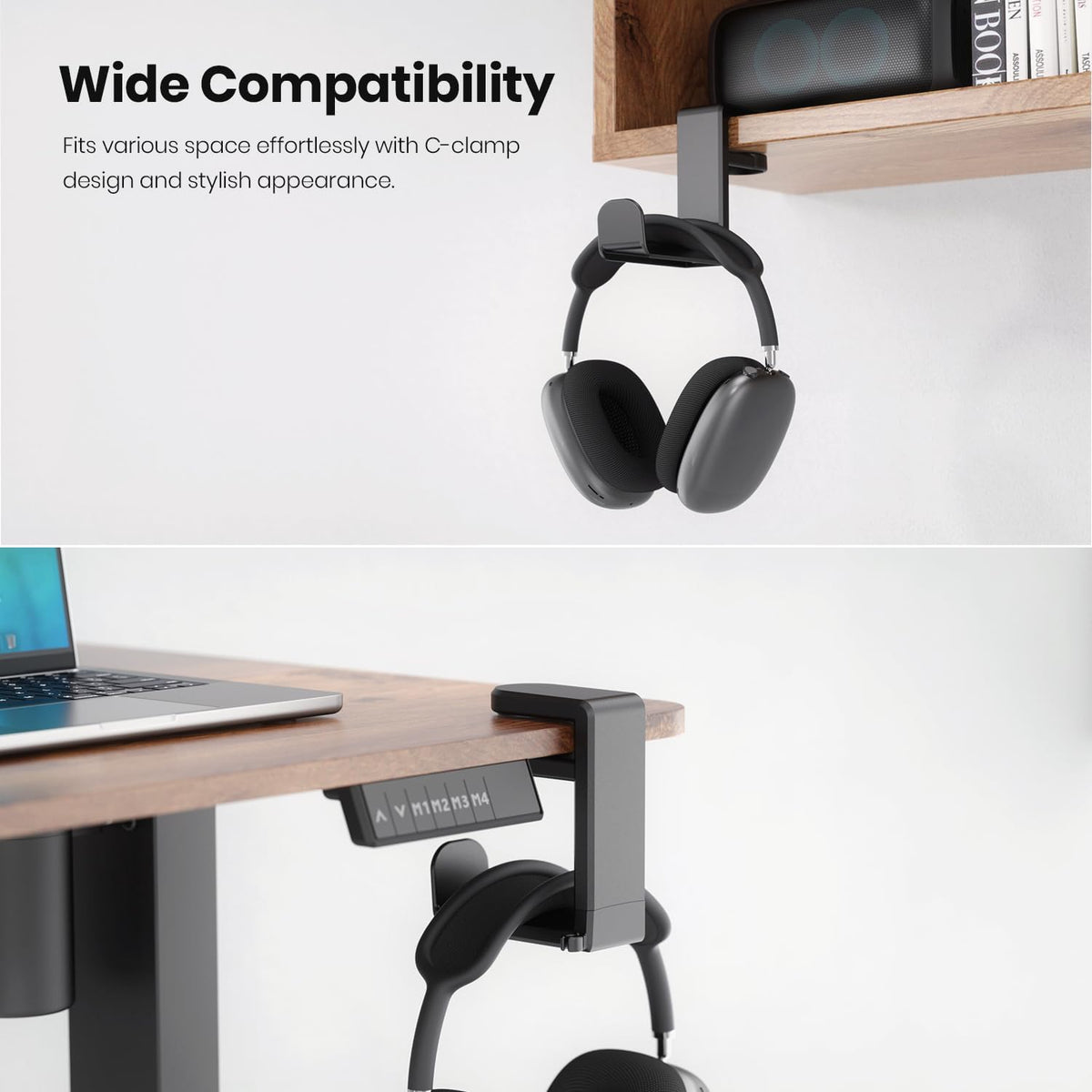 EURPMASK Rotating Headphone Stand - PC Gaming Headset Holder, Adjustable Clamp-on Under Desk Hanger With 360 Degree Swivel & Cable Clip Organizer - Black