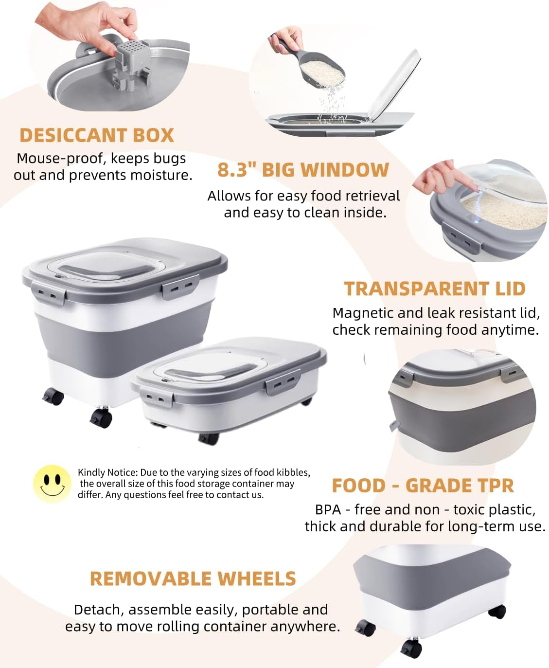 20-30 Lbs Rice Storage Container,Collapsible Food Storage Containers with Rolling Wheel Airtight Locking Lid,Flour Storage Container with Cup and Scoop,Suitable for Food,Rice,Pet Food,Flour
