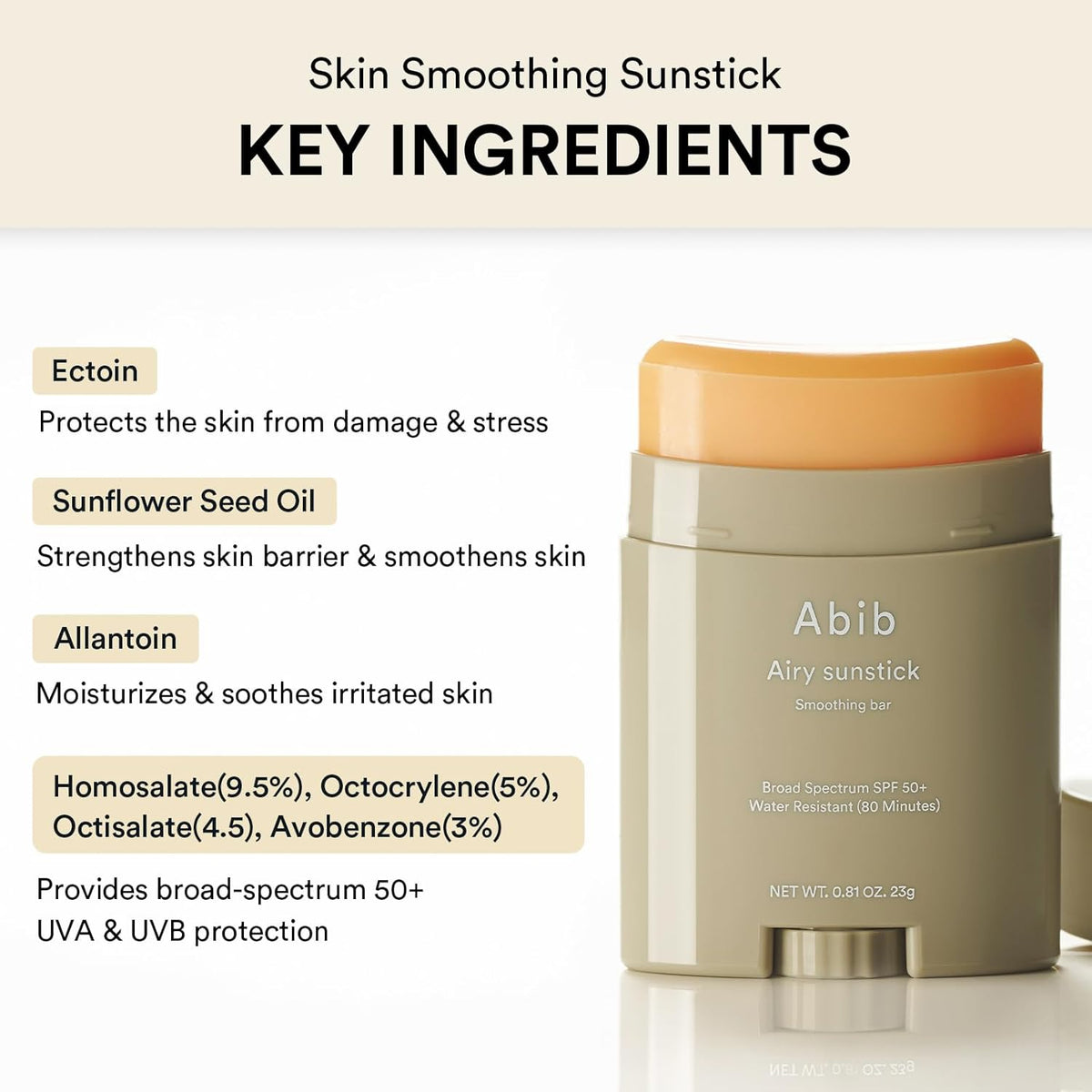 Abib Airy Sunstick SPF50+ 0.81oz | Korean Sunscreen Stick, No Whitecast, Water-Resistant