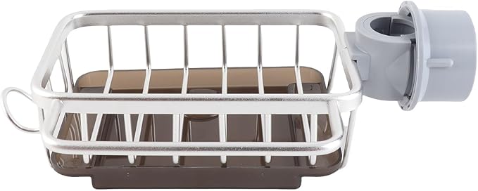 Zerodis Kitchen Sink Faucet Organizer, Space Aluminum Rustproof Dish Sponge Holder with Divider and Drip Tray for Kitchen Dishwashing Sponges Brushes Cloth (Silver)