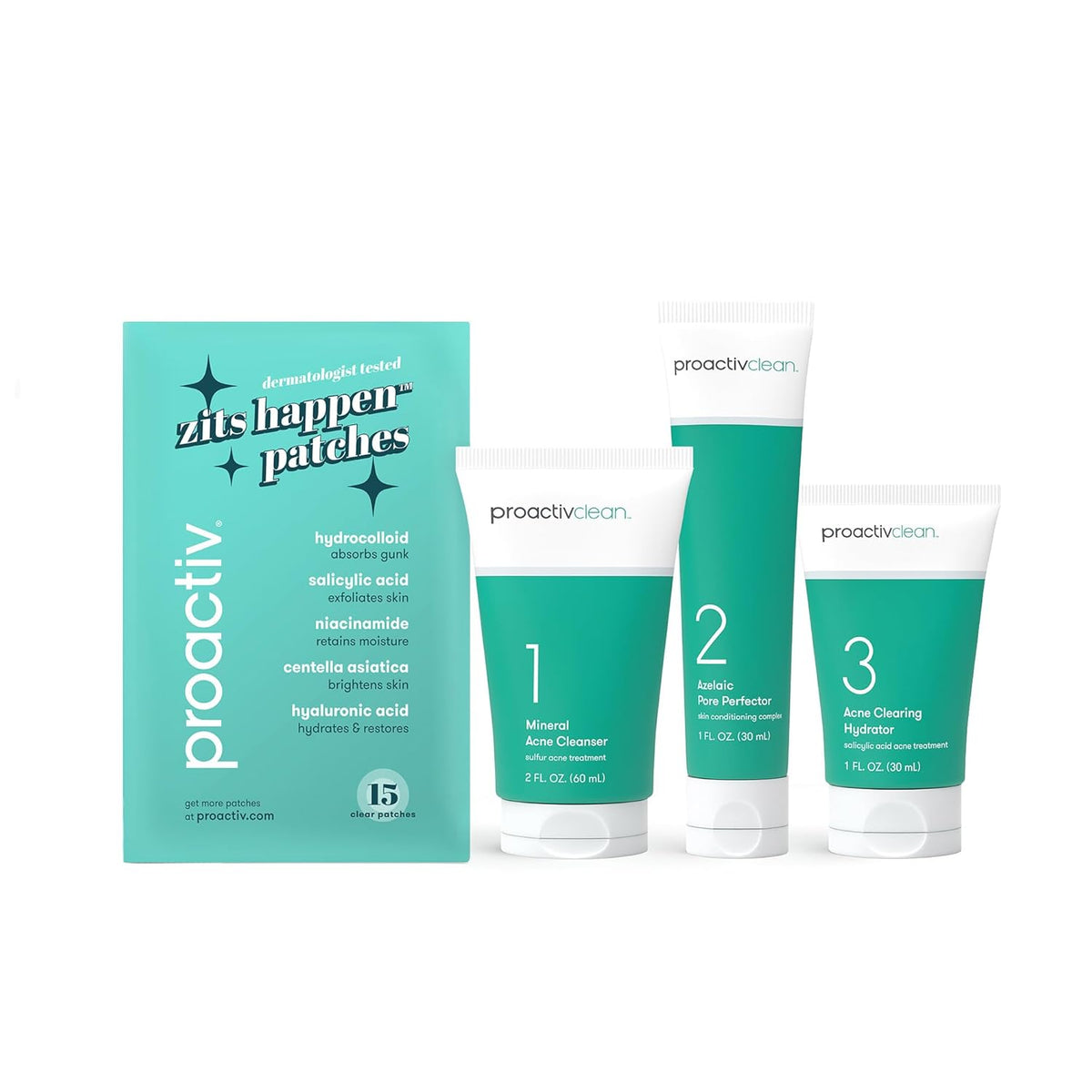 Proactiv Clean 3 Step Acne Routine w/ Pimple Patches- Sulfur Acne Treatment Cleanser, Azelaic Acid Serum, and Facial Moisturizer for Sensitive, Acne-Prone Skin- 30 Day Acne Kit with Pimple Patches