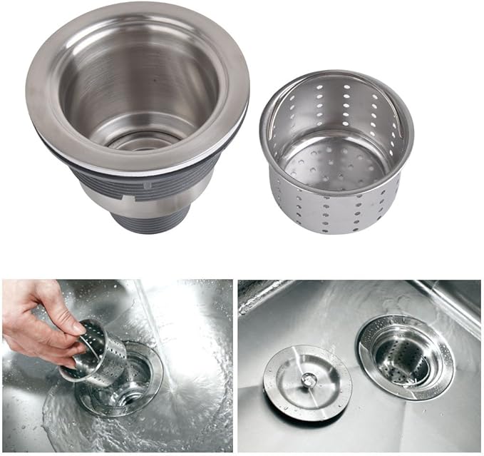 3-1/2 Inch Sink Drain Assembly Kit, Removable Deep Sink Strainer Basket with Sink Stopper/Sealing Lid for Home, Kitchen, Stainless Steel