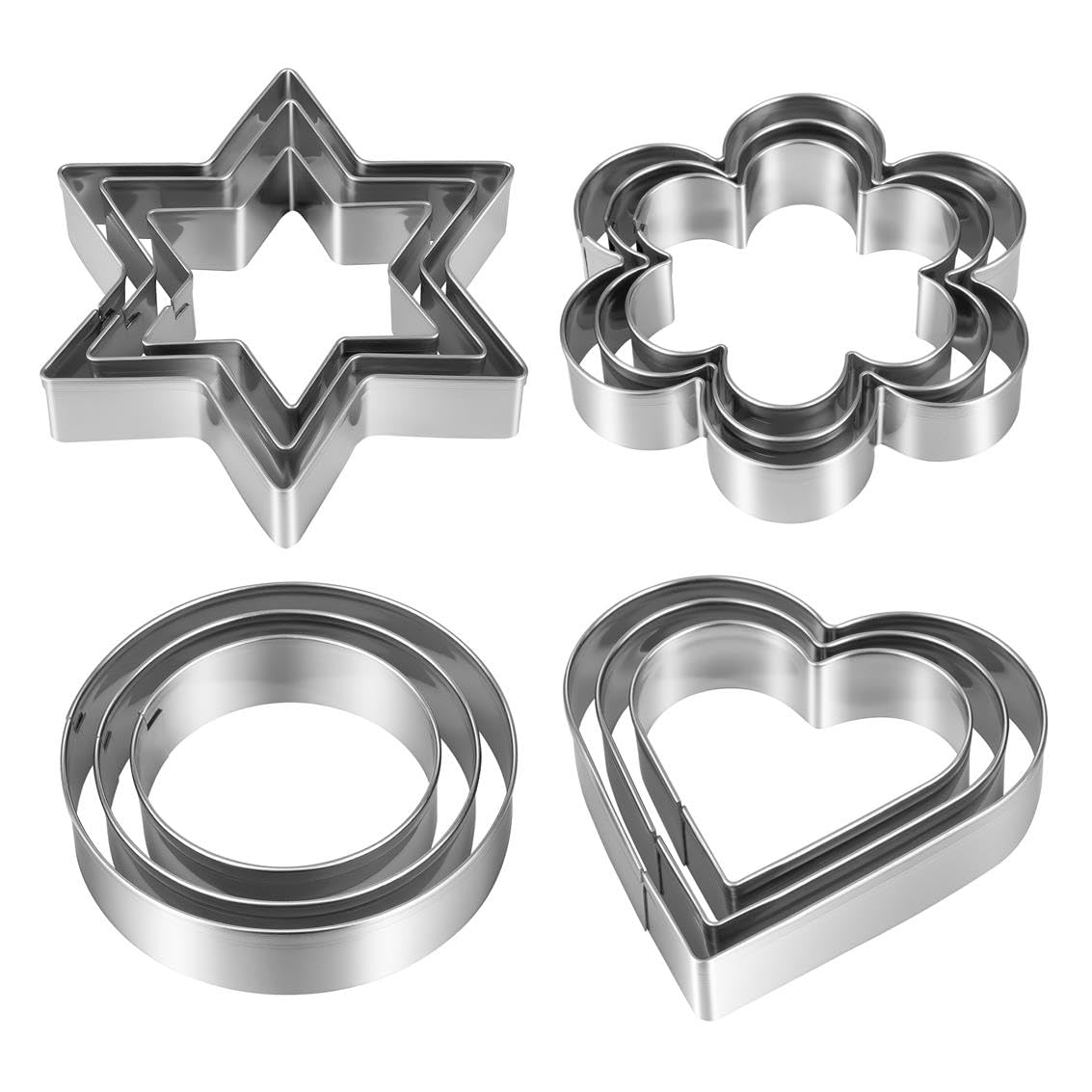 Metal Cookie Cutters Set 12 Pieces, Stainless Steel 3 Heart Cookie Cutters, 3 Star Cookie Cutters, 3 Flower Cookie Cutters, 3 Round Cookie Cutters for Valentine's Day Christmas Holiday