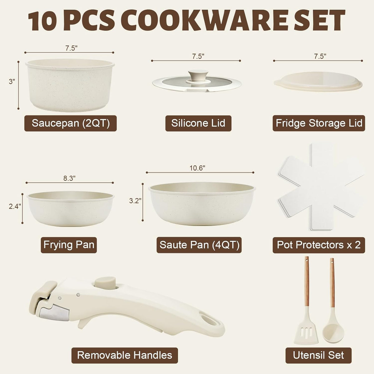 Numola 10 pcs Pots and Pan Set Non Stick with Detachable Handle, Ceramic Cookware Set for Stackable, Induction Kitchen Cookware Set for RV, Dishwasher ＆ Oven Safe, Cream White