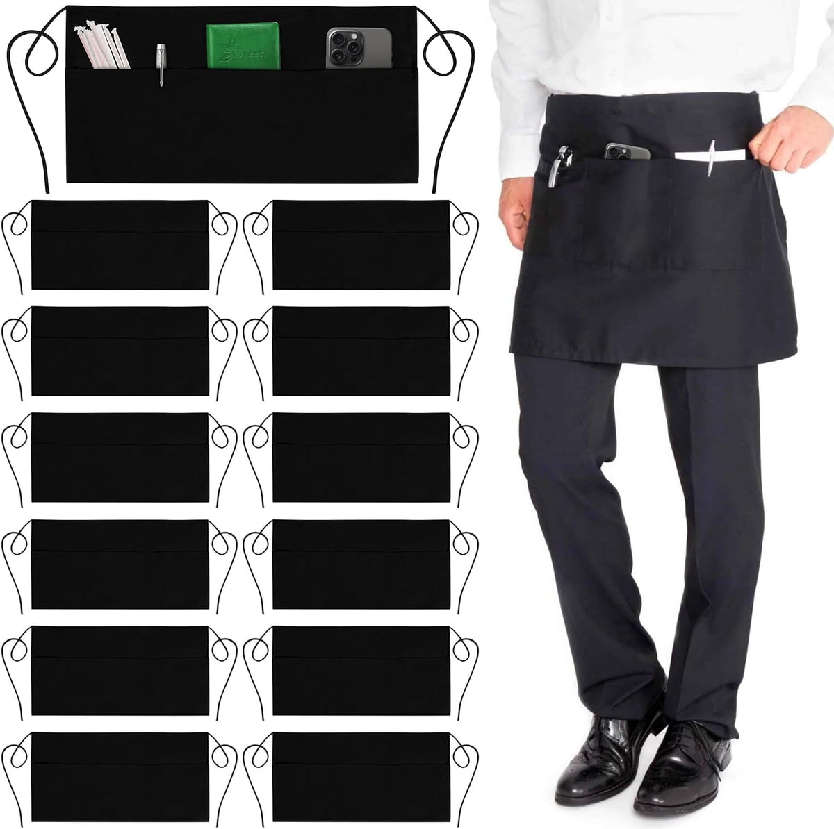 GREEN LIFESTYLE Server Aprons with 3 Pockets - Waist Apron, Waitress Apron for Women and Man, Water Resistant with Long Waist Strap Reinforced Seams, Half Apron (12 Pack - Black)