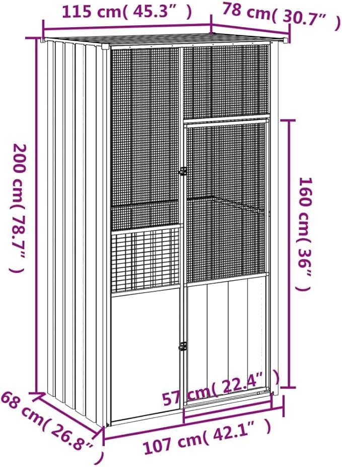 Galvanized Steel Outdoor Aviary, Mesh Fence, Gray, 45.3"x30.7"x78.7" -975