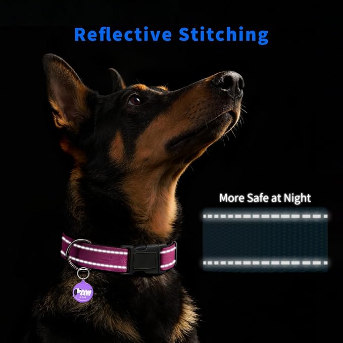 Reflective Dog Collar for Large Dogs with Dog Tags Personalized & Quick Release Buckle, Adjustable and Comfortable Nylon Pet Collar, Hot Pink