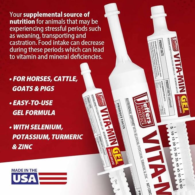 Jeffers Vita-Min Gel for Livestock & Horses – Multivitamin & Mineral Supplement with Selenium, Zinc, Potassium & Turmeric – Easy Oral Gel for Cattle, Goats, Sheep & Pig – 60 CC Tube - 6 Pack