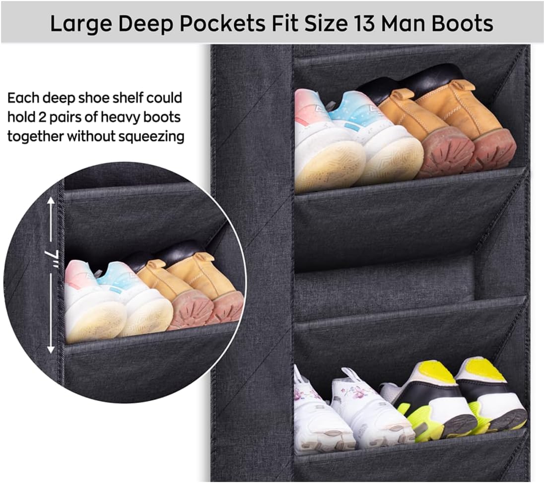 SLEEPING LAMB Over The Door Shoe Organizer for Closet with Large Deep Pockets, Narrow Shoe Rack for Door Hanging Boots Storage, Black