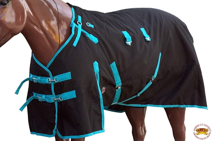HILASON Black with Turquoise Trims 84 inch 1200D Winter Waterproof Poly Horse Turnout Blanket Belly Wrap