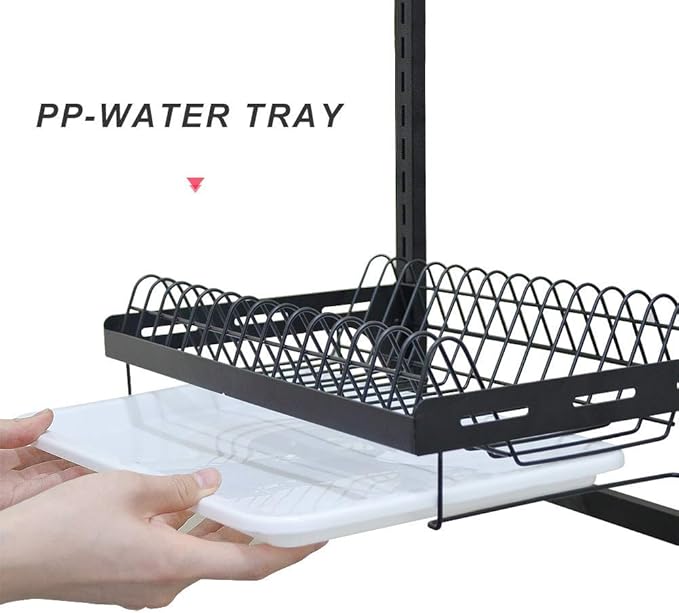 junyuan Kitchen Dish Rack,Hanging Dish Drying Rack Organizer Storage Shelf Over Sink,2 Tier Wall Mount Bowl Holder with Drain Tray and Silverware Stainless Steel Black Coating Ajustable Height