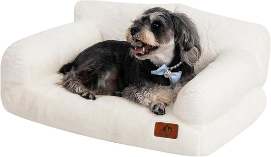 Hollypet Fluffy Plush Pet Cat Couch Soft Calming Pet Sofa Beds for Medium Small Cats and Dogs, White