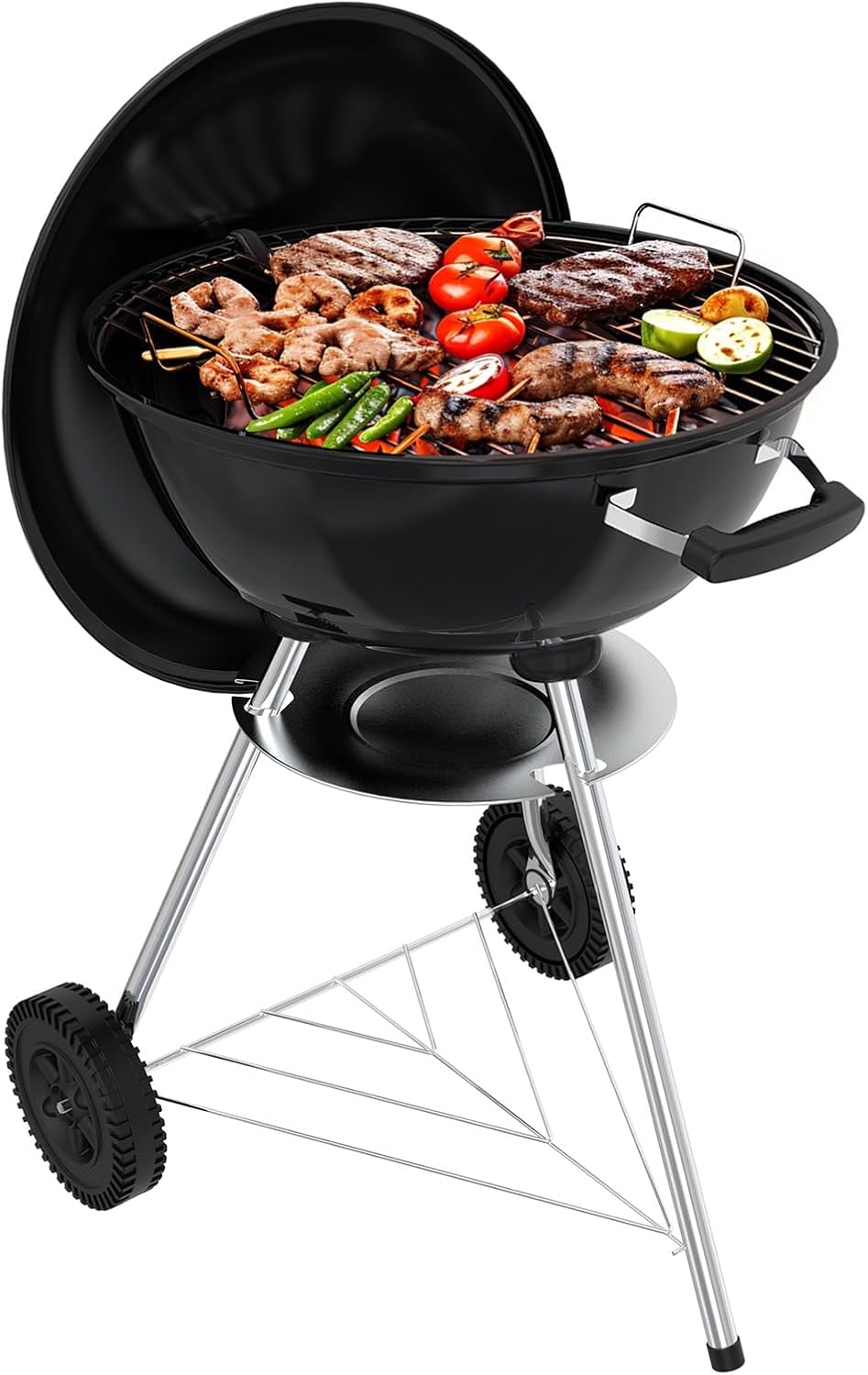 18 inch Charcoal Grill, Portable Kettle BBQ Grills, Perfect BBQ Gift, Durable & Easy to Assemble, Round Barbecue Grill with Wheels and Lid for Outdoor Cooking, Patio and Beach, Black
