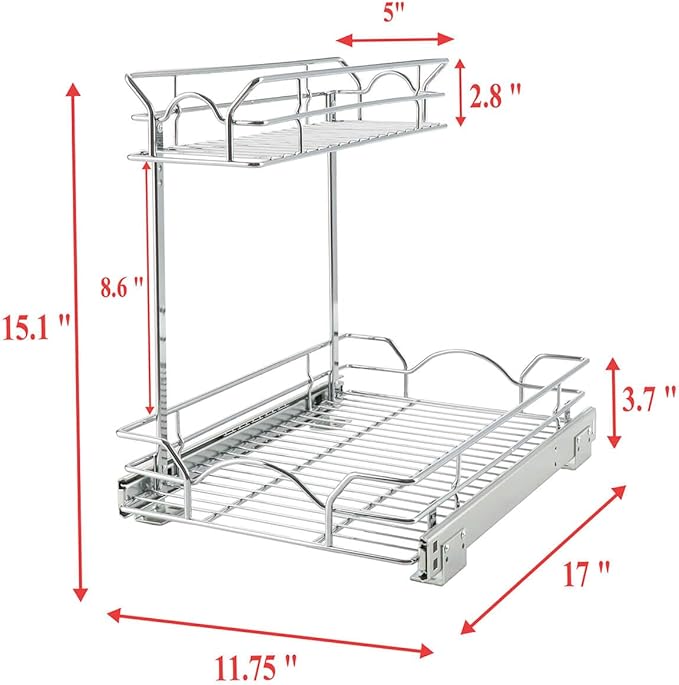 OCG Under Sink Cabinet Organizer Two Tier Pull Out Shelf (11.75W x 17D), Under Sink Sliding Shelf for Kitchen Bathroom Cabinet 2 Tier Chrome