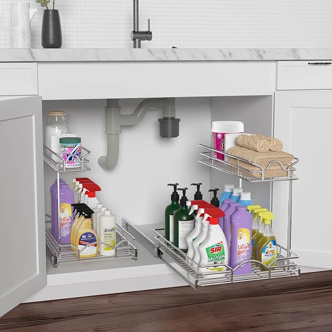 OCG Under Sink Cabinet Organizer Two Tier Pull Out Shelf (11.75W x 17D), Under Sink Sliding Shelf for Kitchen Bathroom Cabinet 2 Tier Chrome