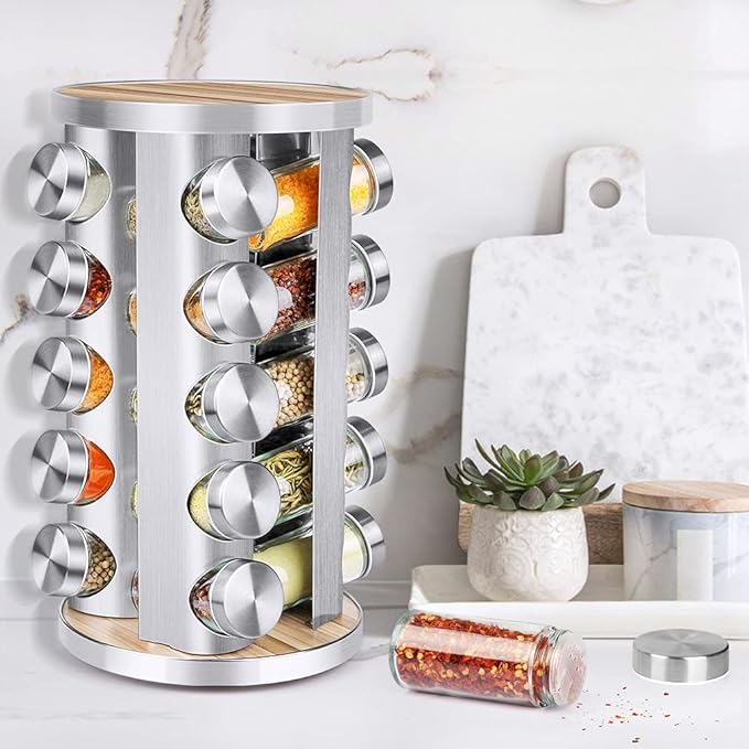 Spice Rack Organizer with Jars for Cabinet (20Pcs) Revolving/Rotating Seasoning Organizer, Stainless Steel/Wooden Countertop Rack Tower Organizer for Kitchen Pantry with Reusable Labels/Funnel/Brushes