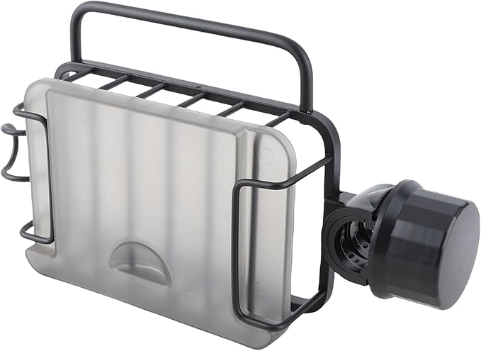 Kitchen Sink Faucet Organizer, Space Aluminum Rustproof Dish Sponge Holder with Divider and Drip Tray for Kitchen Dishwashing Sponges Brushes Cloth (Black)