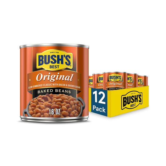 BUSH'S BEST 16 oz Canned Original Baked Beans, Source of Plant Based Protein and Fiber, Low Fat, Gluten Free, (Pack of 12)