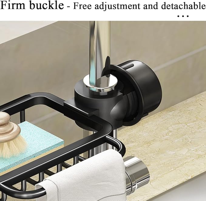 Faucet Sponge Holder Upgraded Kitchen Sink Caddy Organizer with Dish Towel Drying Rack & Hooks Over Faucet Hanging Drain Rack for Sink Organizer (Double, Silver)