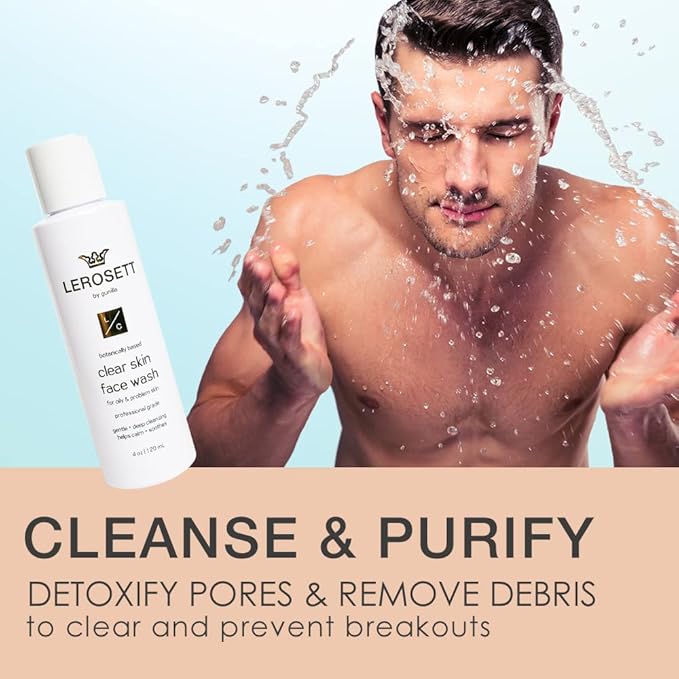 LEROSETT® Clear Skin Face Wash – Gentle Gel Cleanser with 60% Aloe-Rich Botanicals, 4% Glycolic Acid & Vit-E Microbeads – Fights Breakouts, Unclogs Pores, Balances Oil – Spa-Grade, Vegan – 4oz