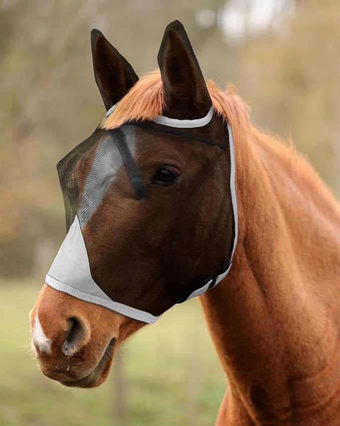 Hilltown Adjustable Fly Mask for Horse with Ears - UV-Block, Large Eye Space, Breathable, Built to Last, Comfort Fit - Horse Fly Mask for Daily Stable, Hot Weather Riding & Competition - Cob, Grey