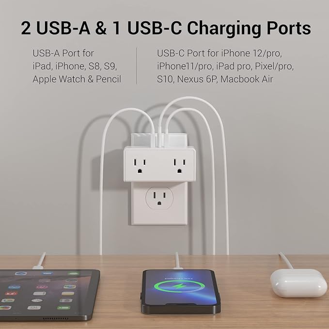 Clear Power 2-Outlet Wall Tap with 3 USB Ports(1 USB-C), Multi Plug Outlet Extender USB Wall Charger, Compact Dual Plug Expander with USB-C, Grounded, 3-Prong, 2-Pack, DC3S-10022P-DC