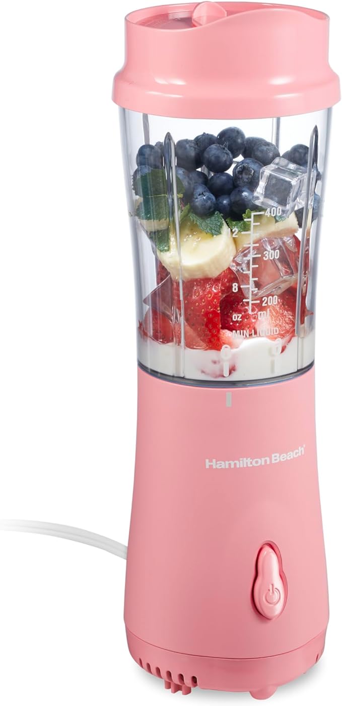 Hamilton Beach Portable Blender for Shakes and Smoothies, 14 Oz BPA Free Travel Cup & Lid, Durable Stainless Steel Blades, Personal Smoothie Blender, Coral (51171)