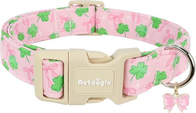 St. Patrick's Day Dog Collar,Pink Bow with Green Clover Puppy Collar,Adjustable Spring Cotton Collars Gifts for Small Medium Large Dogs,Dog Accessories M