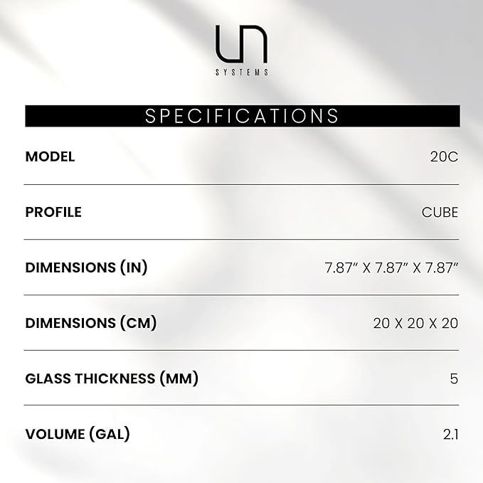 UNS Ultra Clear Rimless Tank - 2.1GAL | 8L - 7.87x7.87x7.87 | 20x20x20 CM, 5mm Glass Thickness, Leveling Mat Included - Low Iron, High Clarity Fish Tank w/ 45° Mitered Edge - [20C]