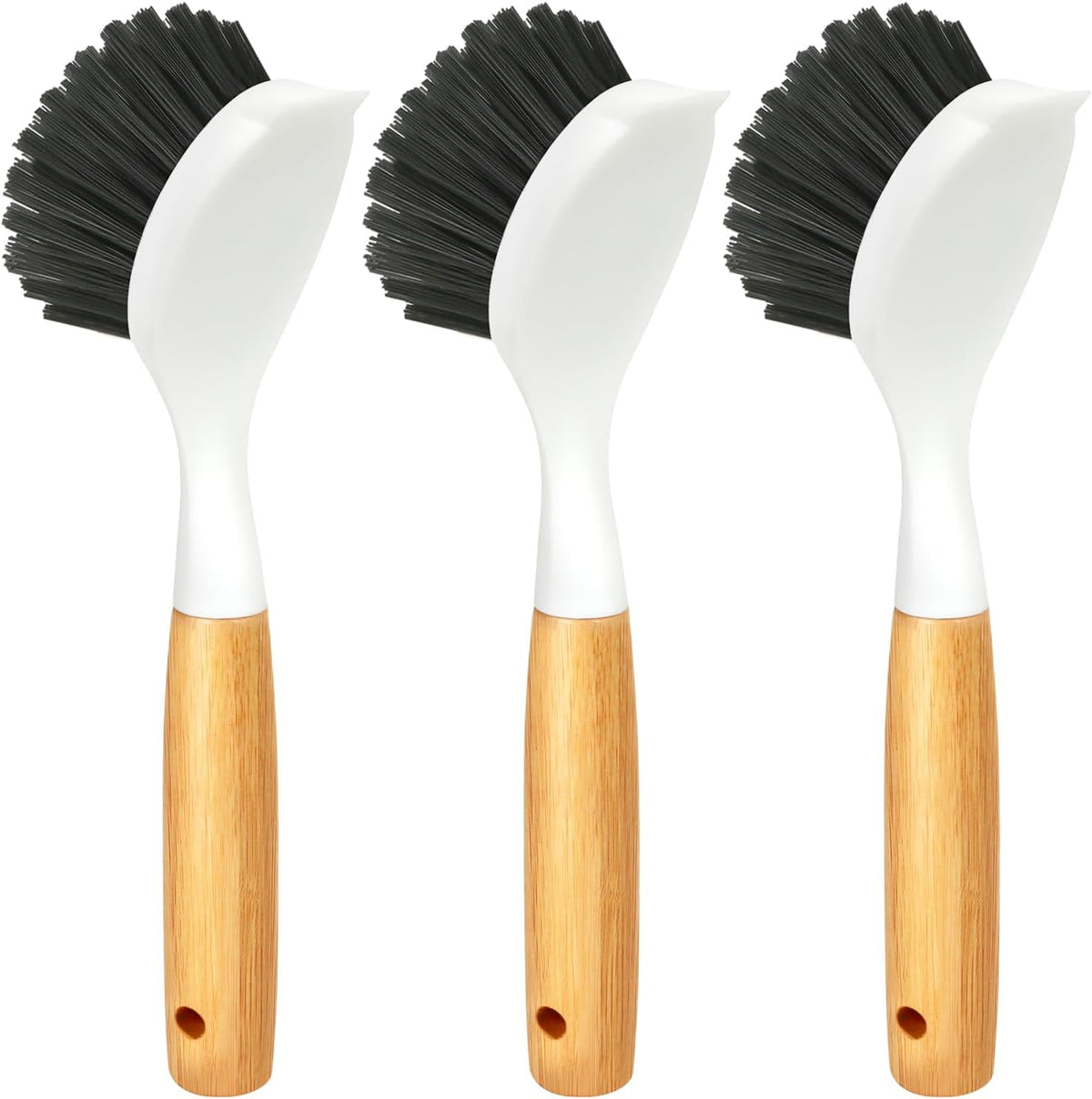 Holikme 3 Pack Dish Brush Set with Bamboo Handle, Kitchen Brushes for Cleaning Pot, Sink and Stove, Skillet Scrubber with Tough Bristles for Cast Iron Grill Pan, Yellow White Black
