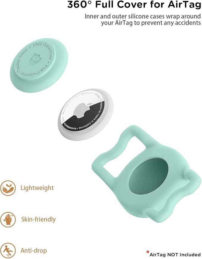 IP68 Waterpoof Dog Airtag Holder, Stretchy Silicone Full Body Covered Apple Air Tag Holder for Dog Cat Collar Fit All Width Collar (Black/Green/Blue/Pink, 4 Pack)