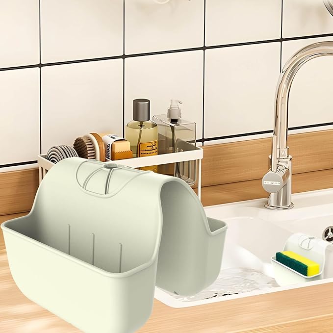 Sponge Holder for Kitchen Sink, Silicone Sink Saddle Caddy Organizer Rack, Sponges Holder Over Faucet, Hanging Kitchen Organizer Accessories Rack Basket Beige