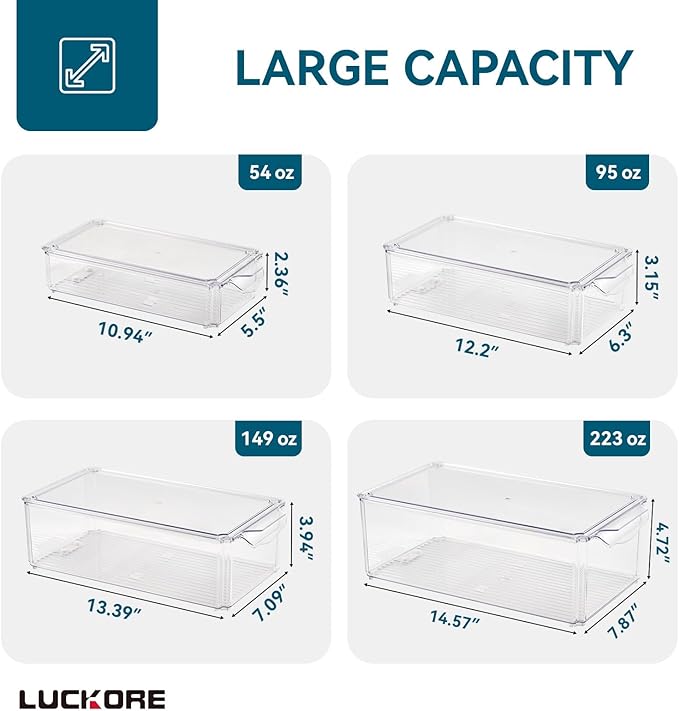 Luckore 4 Piece Refrigerator Organizer Bins, Clear Fridge Organizers and Storage, Stackable with Lids, Food Storage Containers for Fruit, Vegetable, Drinks, Cereals