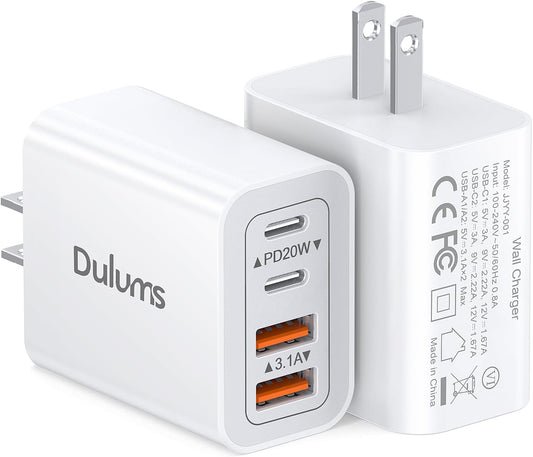 40W USB C Charger Cube, 2-Pack Wall Plug Fast Charging Block, 4-Port PD+QC Power Adapter Multiport Brick Type C Box for iPhone 16/15/14/13/12/11/Pro Max/XS/XR/8/7, Tablets, Cellphones