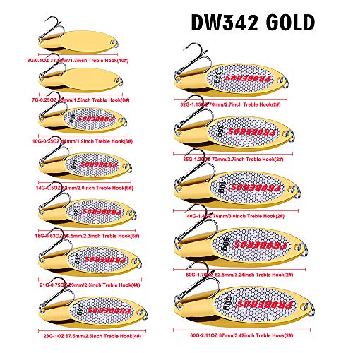 PROBEROS Fishing Spoons Lures Bass Baits Jigging Bait Tackle with Treble Hooks Hard Metal Spoon Fishing Lure Weight Pick 10 Pcs/Pack Silver Gold - color: 10PCS Gold, size: 14G-0.5OZ