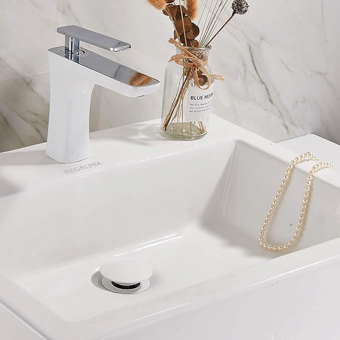 REGALMIX Pop Up Drain, Bathroom Faucet Vessel Vanity Sink Drain Stopper, Built-in Anti-Clogging Strainer, Without Overflow White,Fits Standard American Drain Hole(1-1/2" to 1-3/4") RWF082E