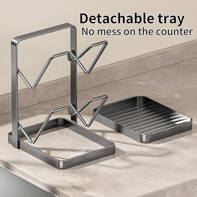 Pot Lid Organizer Holder Rack for While Cooking Under Cabinet Crockpot Pan and Storage Crock Spoon Rest with Kitchen Top Double U-Shaped Slots Steel Countertop Counter Stainless Stand Drip Tray