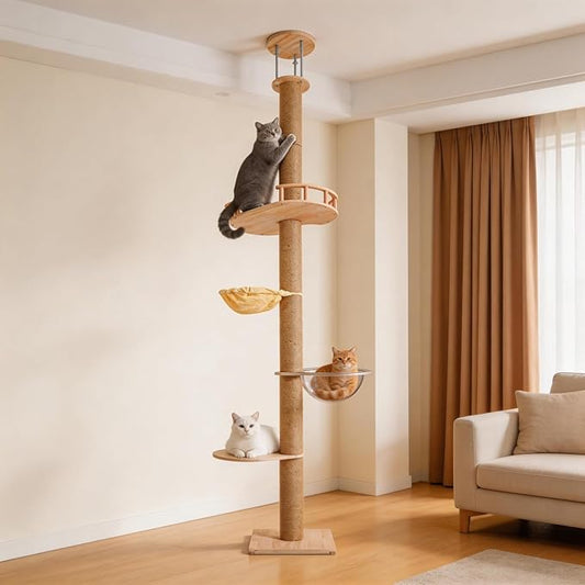 Floor to Ceiling Cat Tree, Adjustable Height (55-115in), 4 Level Tall Cat Tree Tower, Cats Activity Center with Scratching Post, Jump Platform, Hammock & Capsule, Space-Saving Design for Indoor Cats
