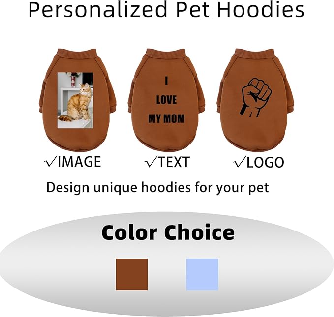Custom Dog Hoodie, Personalized Sweatshirt with Photo Text Name Logo, Customized Hooded Sweater for Small Medium Large Dogs & Cats (Coffee, Large)