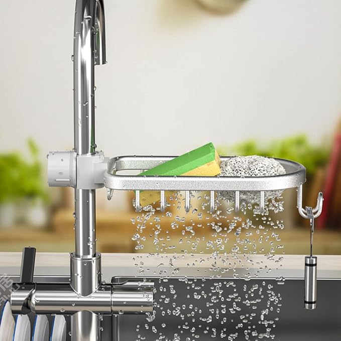 Faucet Sponge Holder Upgraded Kitchen Sink Caddy Organizer with Dish Towel Drying Rack & Hooks Over Faucet Hanging Drain Rack for Sink Organizer (Double, Silver)