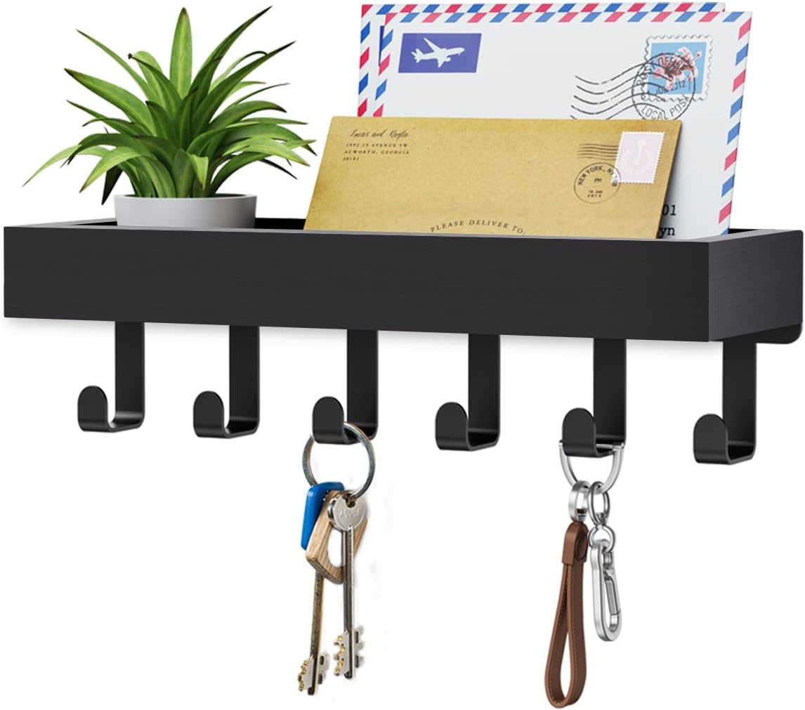 Key Holder Wall Mount Adhesive Magnetic - Hanging Key Hooks with Mail Organizer for Wallet House Accessories - Keys Hanger Rack with Shelf for RV Camper Entryway Door Home Living Room Decor Black