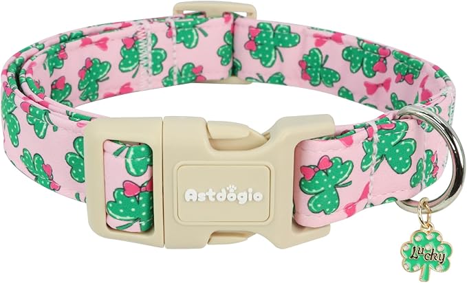 St. Patrick's Day Dog Collar,Pink Bow with Lucky Shamrock Puppy Collar,Adjustable Spring Cotton Collars Gifts for Small Medium Large Dogs,Dog Accessories M