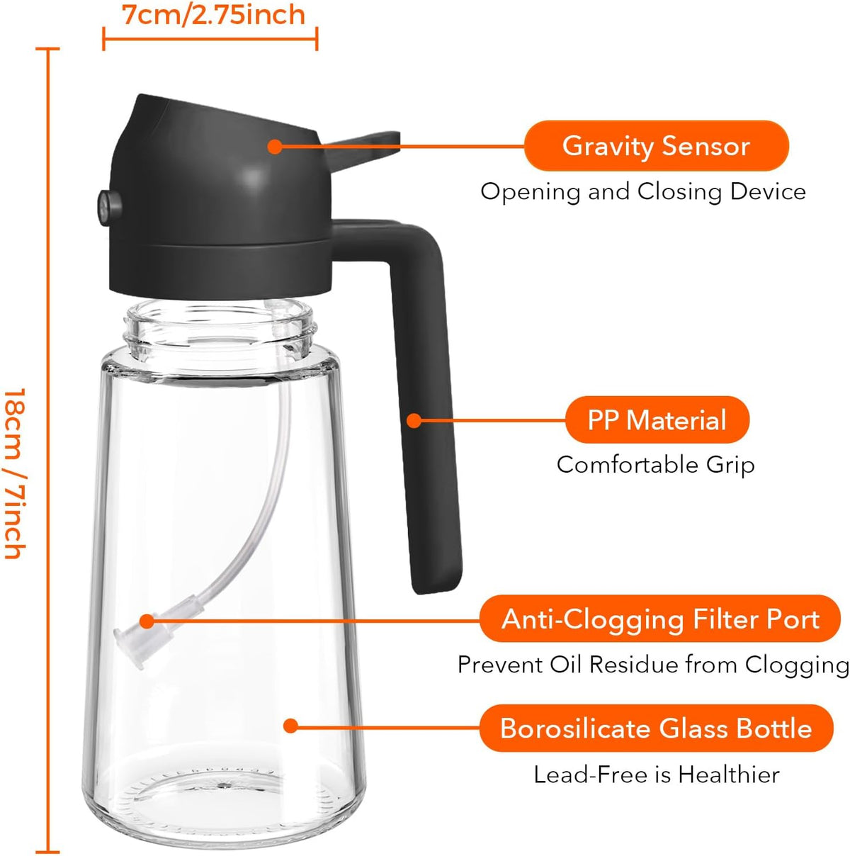 YARRAMATE 16oz/470ml Glass Olive Oil Sprayer for Cooking with Stickers, 2 in 1 Oil Dispenser for Kitchen Gadgets, Food Grade Premium Spray Bottle with Portion Control for Salad, Frying, BBQ (Black)