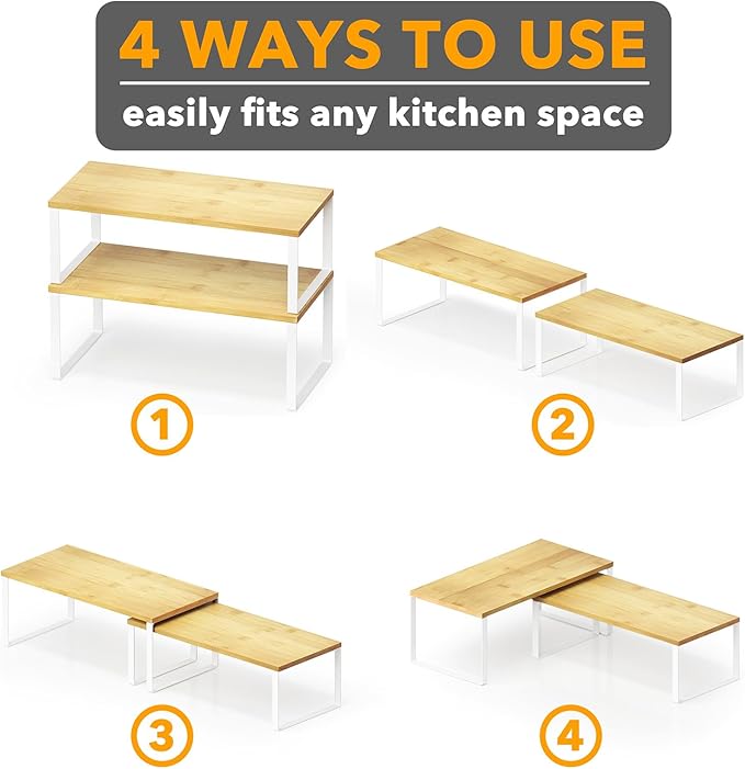 SpaceAid Cabinet Shelf Organizers 2 Pack, Kitchen Counter Rack Shelves Riser, Stackable Expandable Spice Rack, Pantry Cupboard Storage Organization (White and Natural, Long)