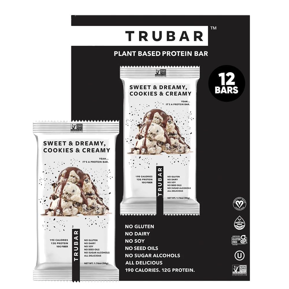 TRUBAR Vegan Protein Bar, Sweet & Dreamy Cookies and Creamy, Gluten Free, Plant Based Protein, Dairy Free, Non GMO, Soy Free, No Sugar Alcohols, 12G Protein, 12G Fiber, 23G Carb,Snack Bars, 12ct