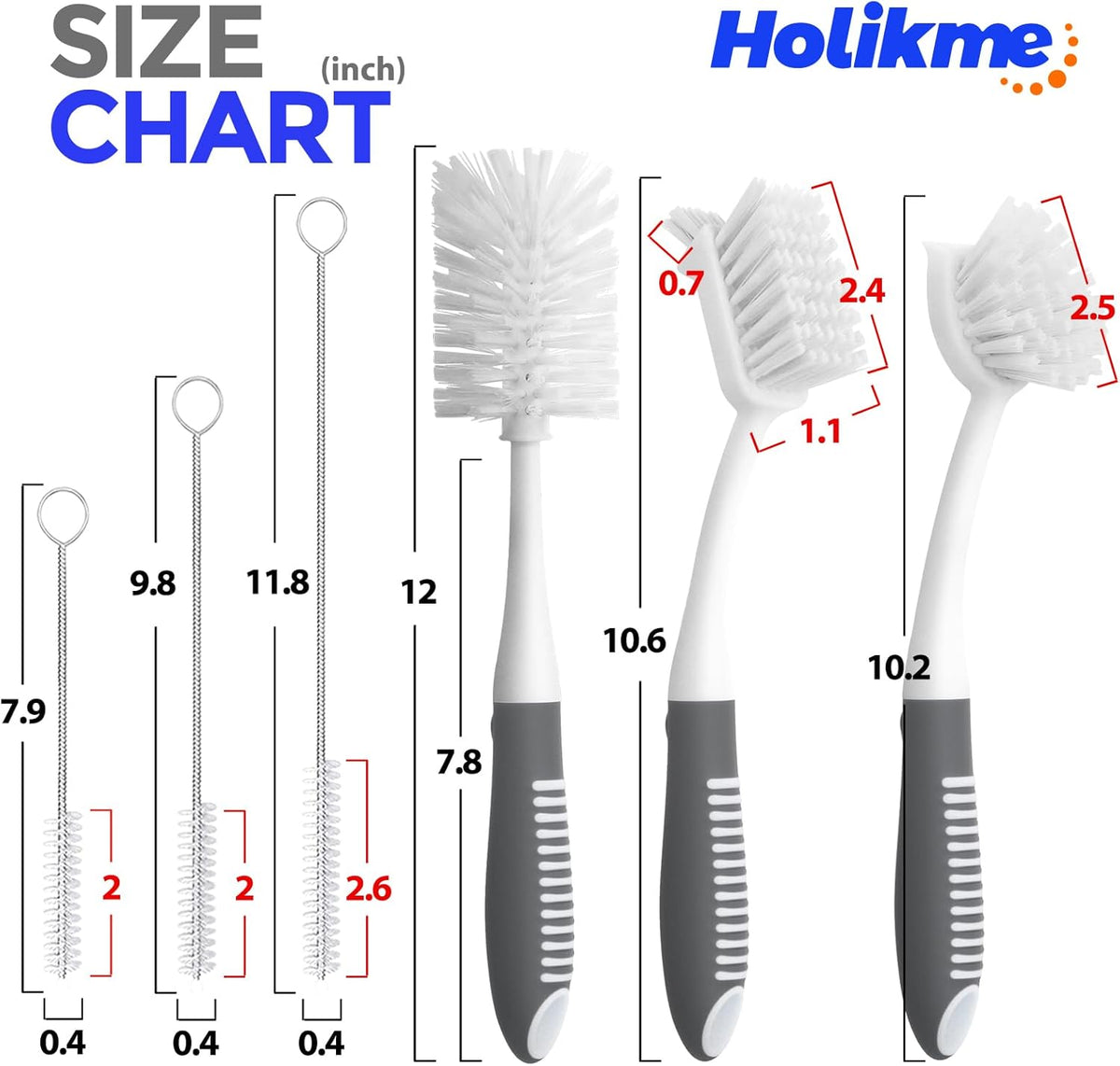 Holikme 6 Pack Dish Brush Set with Bottle Brush, Dish Scrub Brush, Pan Brush and 3 Straw Brushes, Deep Cleaning Handle Brush with Scraper Tip for Kitchen Sink Dishes Bottle Cup Pot and Pans (Gray)